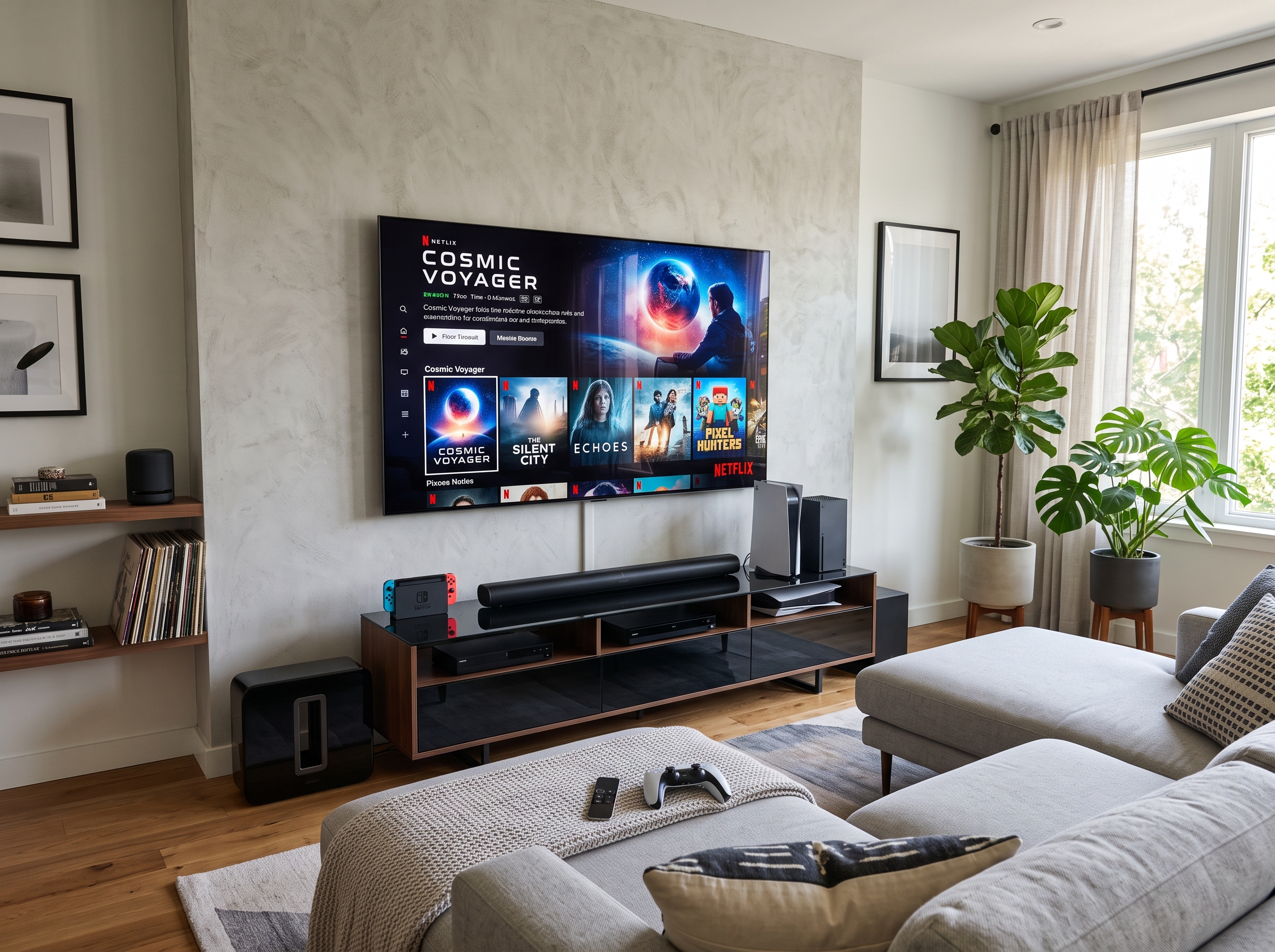 Nowoczesny salon z dużym telewizorem smart i elektroniką RTV, tworzący komfortową przestrzeń rozrywki.